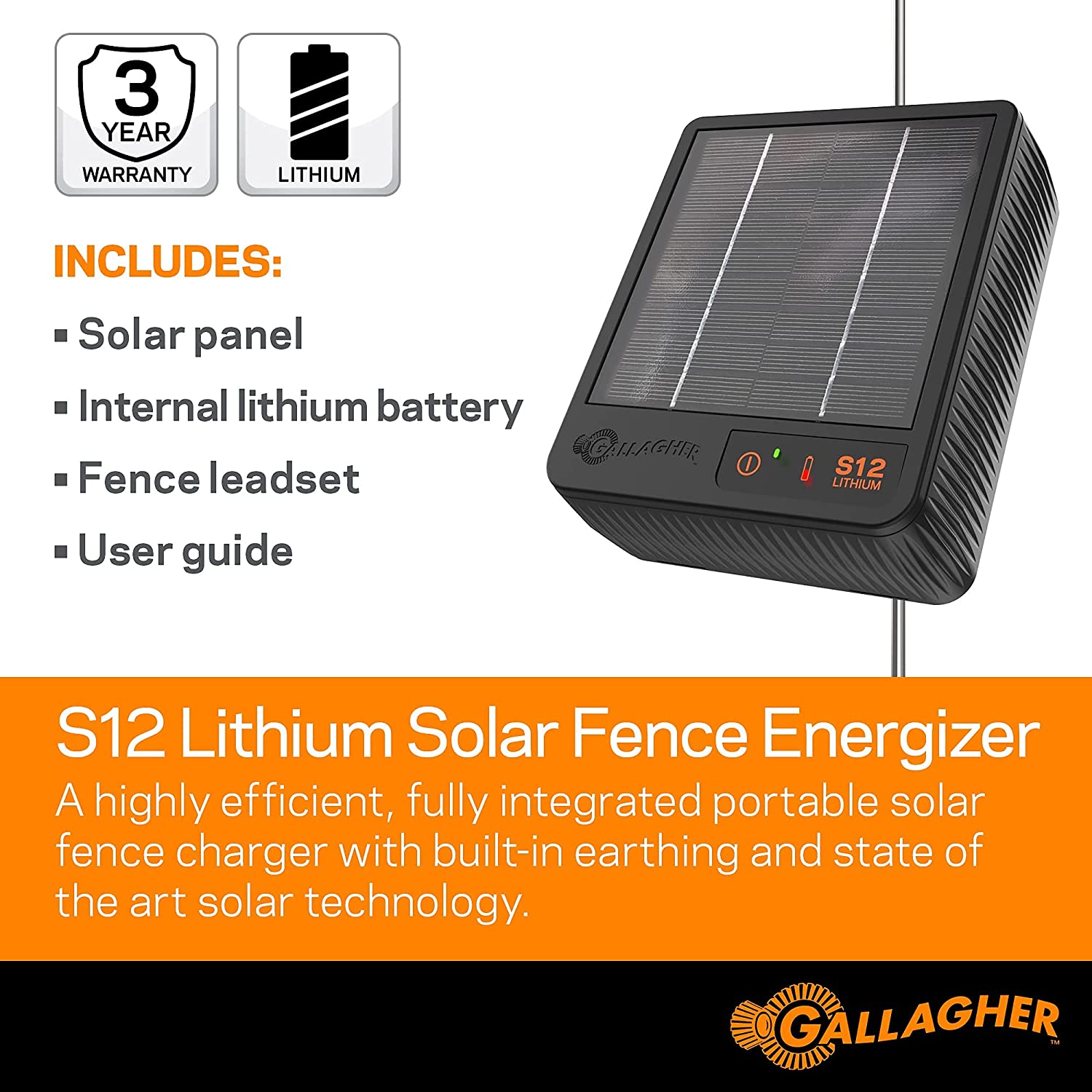 Gallagher S12 Solar Electric Fence Charger | Powers Up to 4 Miles / 18 Acres of Fence | Solar Lithium Technology, 0.12 Stored Joule Energizer | Built-in Earthing | Portable and Super Tough