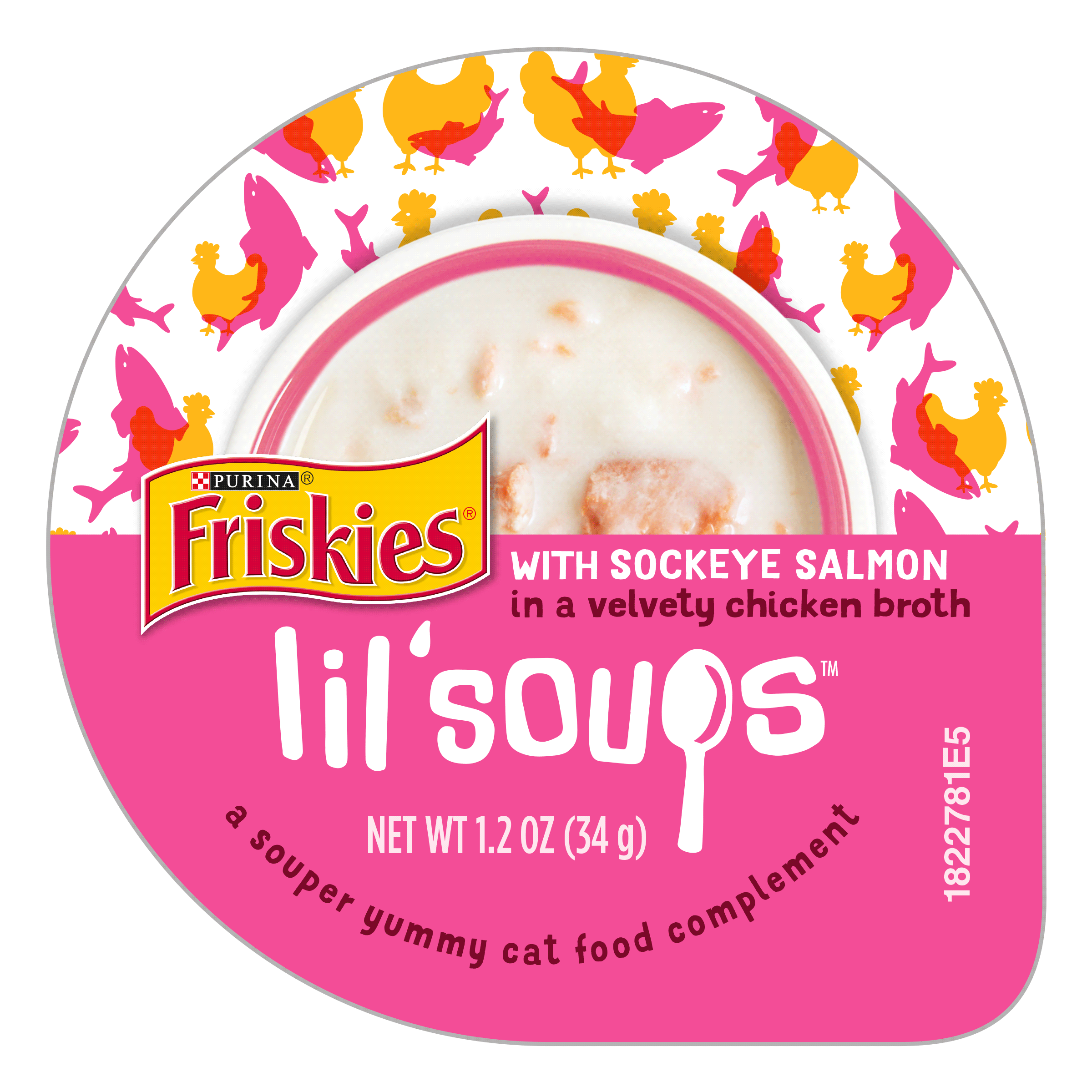 6 Individual containers of Purina Friskies Lil Soups with Sockeye Salmon in a Velvety Chicken Broth Adult Wet Cat Treat/Food Topper. 1.2 oz. ea