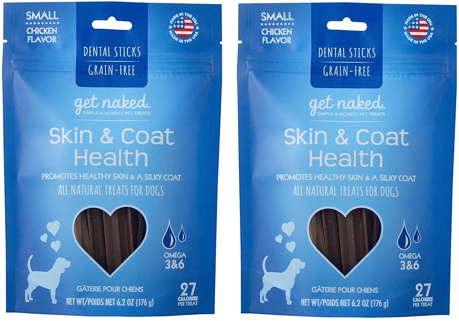 Get Naked Pouch, 12.4 Ounce, Skin and Coat Dental Chew Sticks, Small