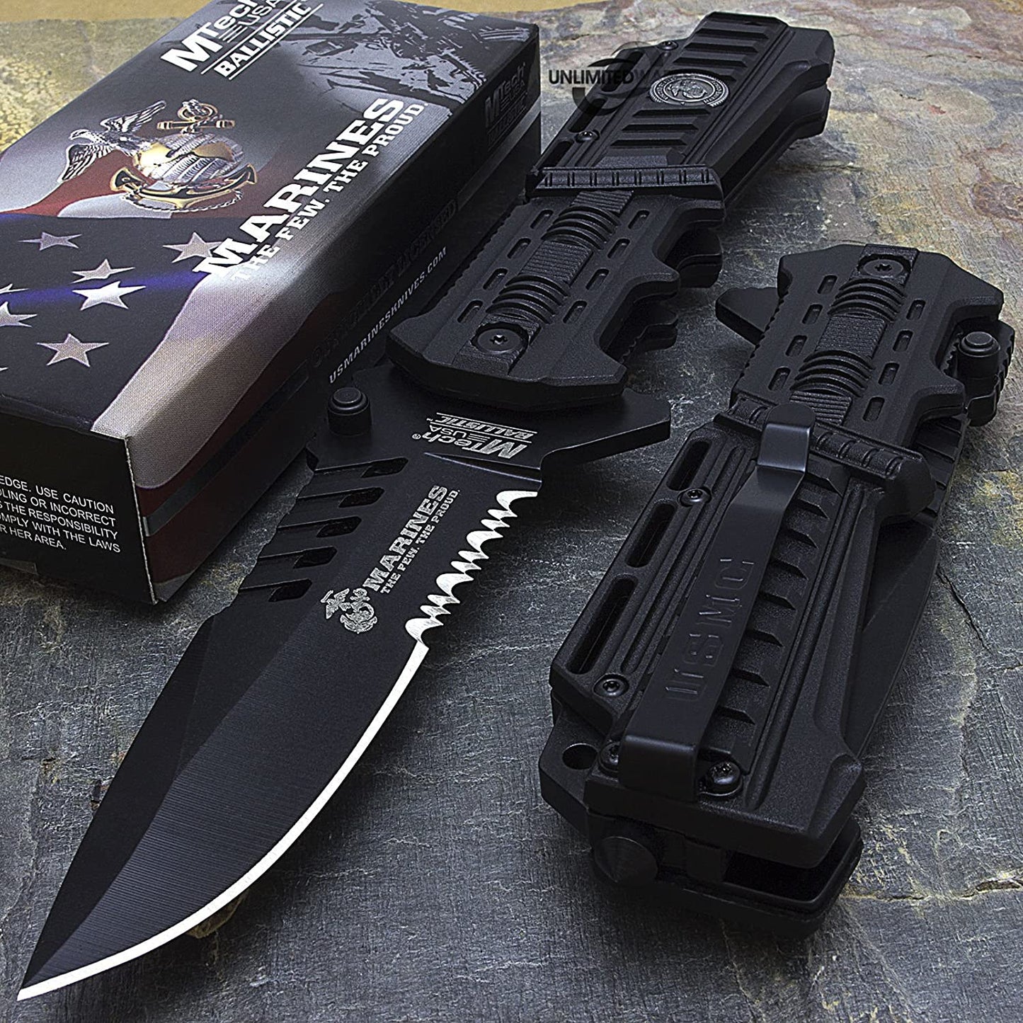 Mtech USA USMC Marines Black Spring Assisted Opening Tactical Rescue Folding Pocket Knife
