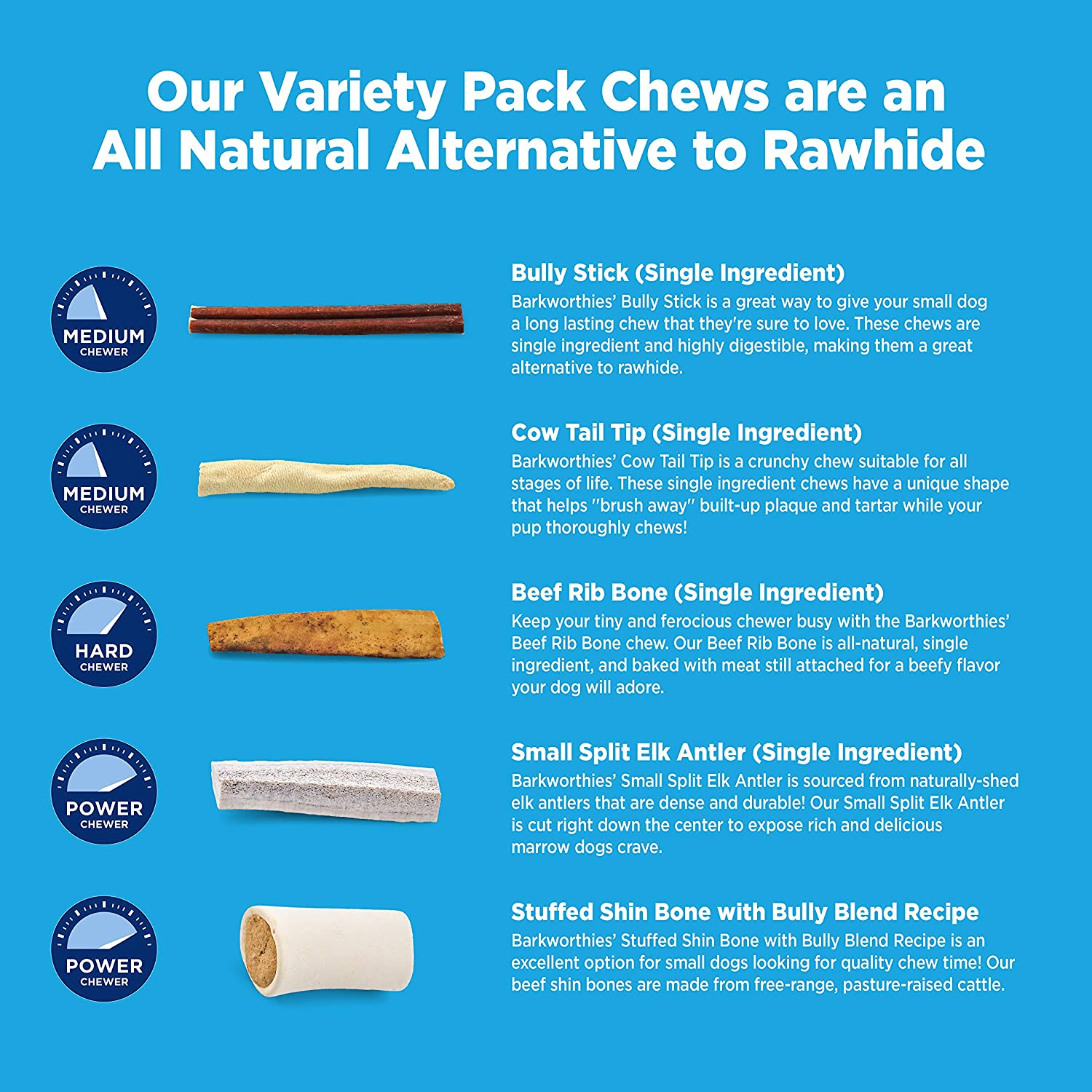 Barkworthies Healthy Dog Treats & Chews Small Dog Variety Pack (5 Chews) - Protein-Rich, All-Natural, Highly Digestible, Rawhide Alternative - Promotes Dental Health - Great Gift for All Dogs