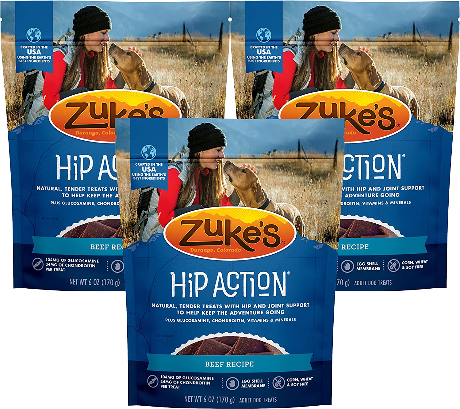 3 Packs Zuke's Hip Action with added Glucosamine and Chondroitin - BEEF (18 oz)