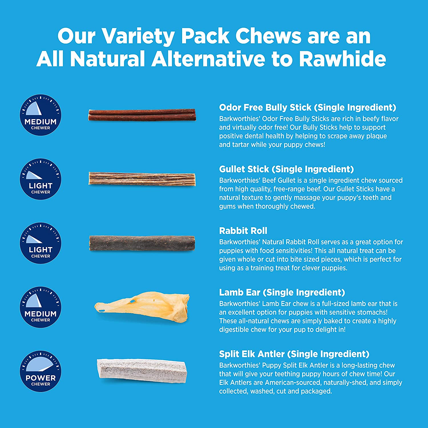 Barkworthies Healthy Dog Treats & Chews Variety Pack - Protein-Rich, All-Natural, Highly Digestible, Rawhide Alternative - Promotes Dental Health - Great Gift for All Dogs