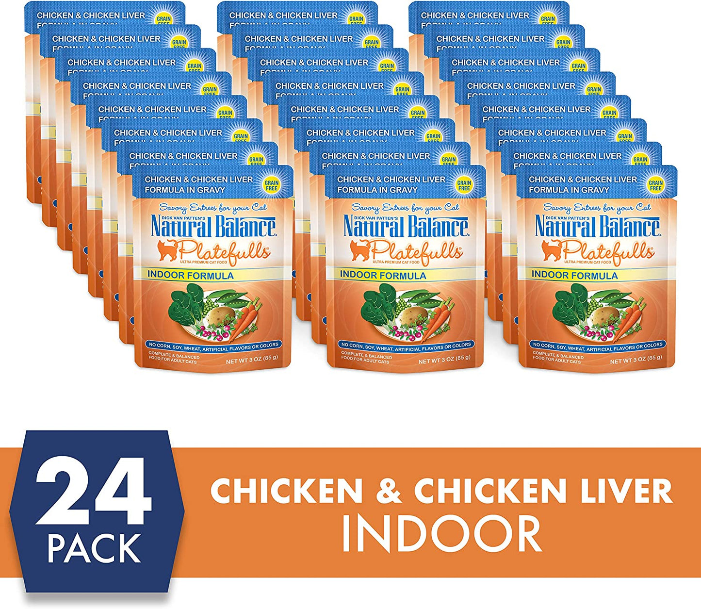 Natural Balance Platefulls Indoor Premium Adult Cat Food in Gravy | Grain-Free Food for Indoor Cats | Protein Choices Include Turkey, Salmon, Chicken, Mackerel, Duck | 3 Ounce Pouches (Pack of 24)