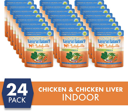Natural Balance Platefulls Indoor Premium Adult Cat Food in Gravy | Grain-Free Food for Indoor Cats | Protein Choices Include Turkey, Salmon, Chicken, Mackerel, Duck | 3 Ounce Pouches (Pack of 24)